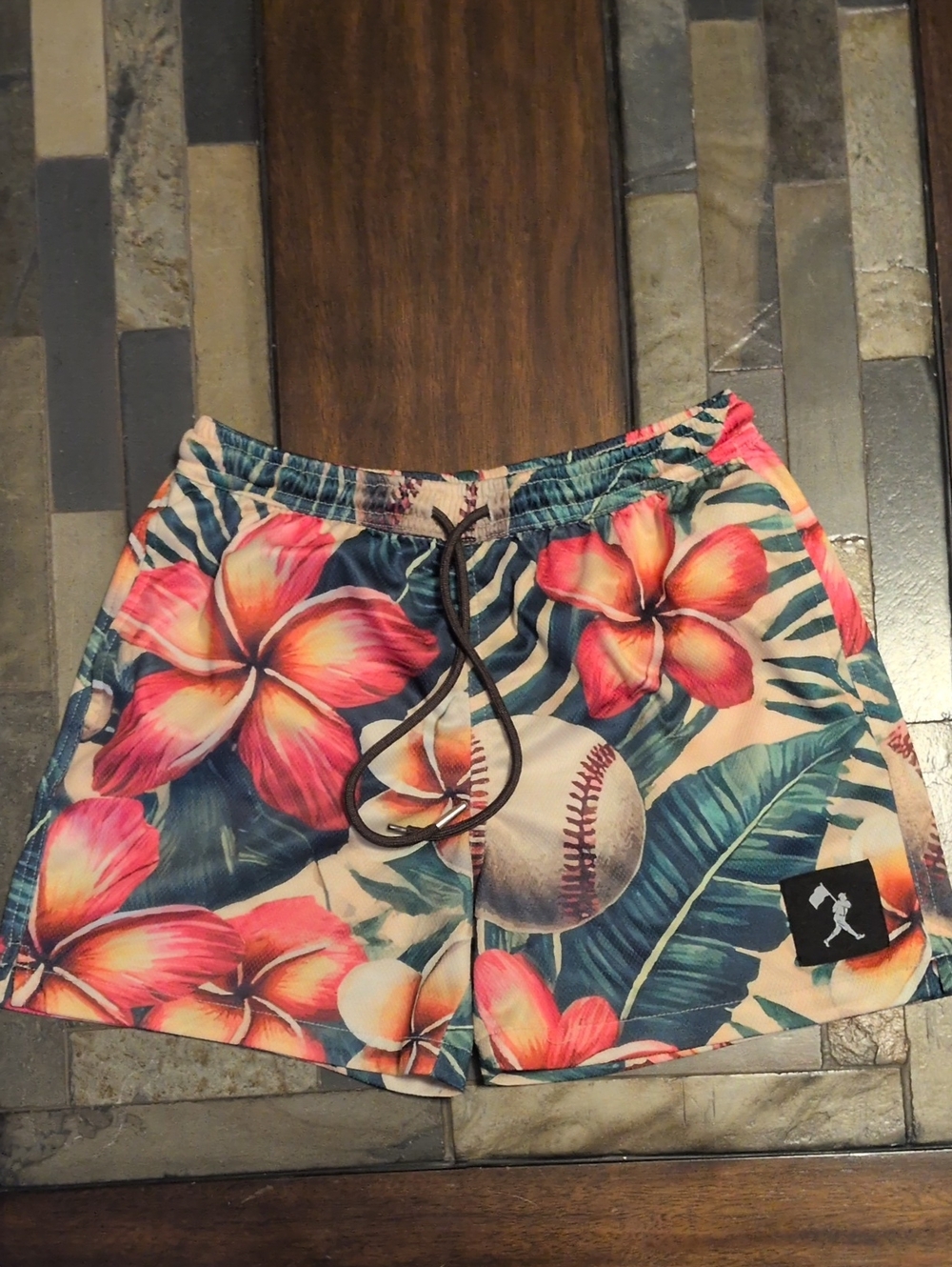 Baseballism Boys Tropical Pink Floral &  Baseball Athletic Shorts